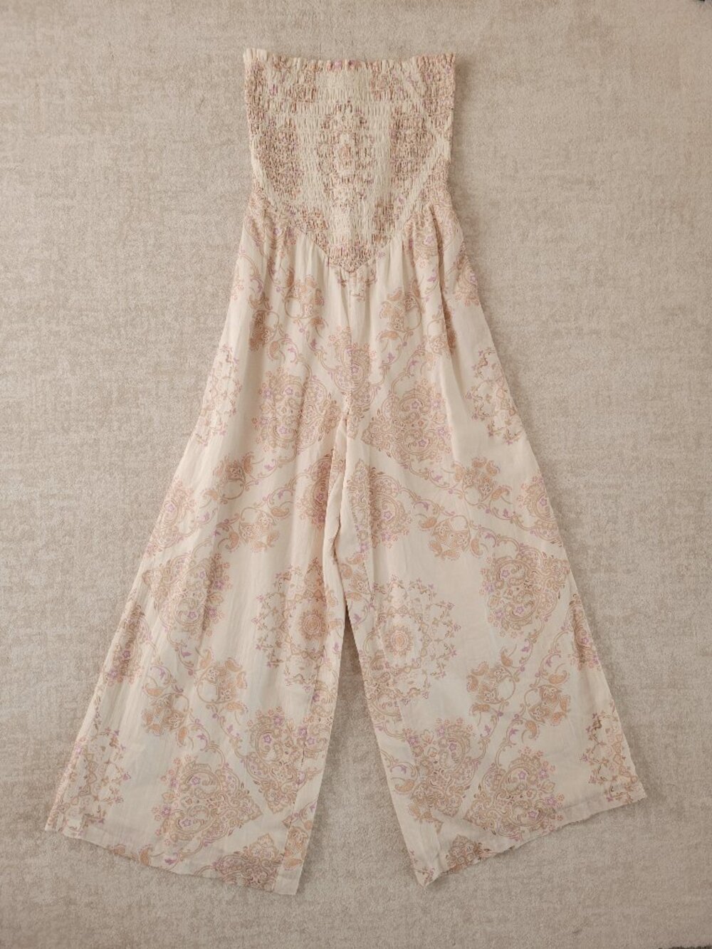 American Eagle Paisley Smocked Wide Leg Linen Jumpsuit Small Cream Pockets Boho